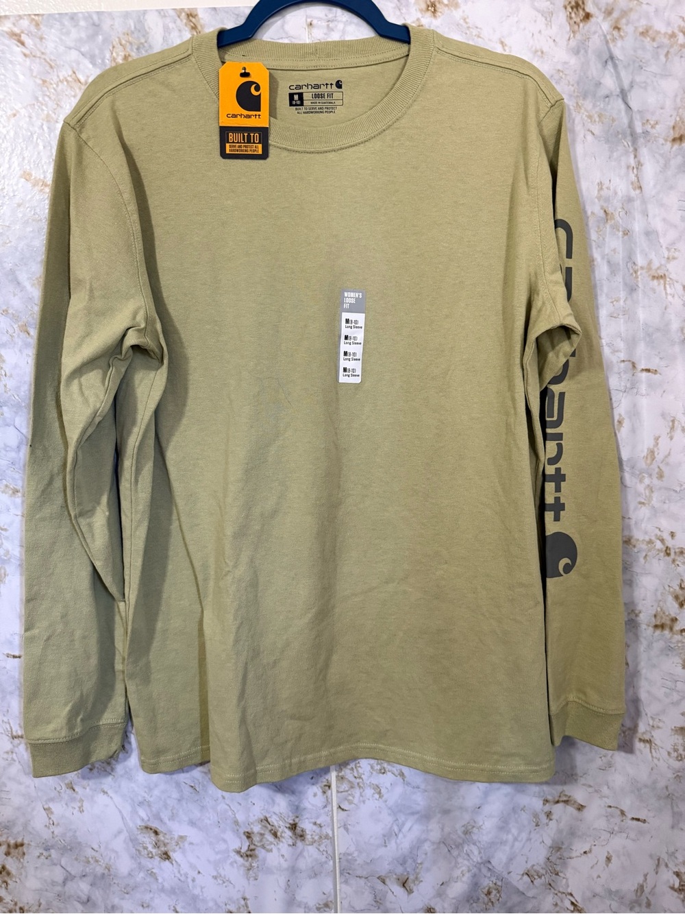 Carhartt women’s  Long-Sleeve Tee in Olive Drab with Sleeve Logo